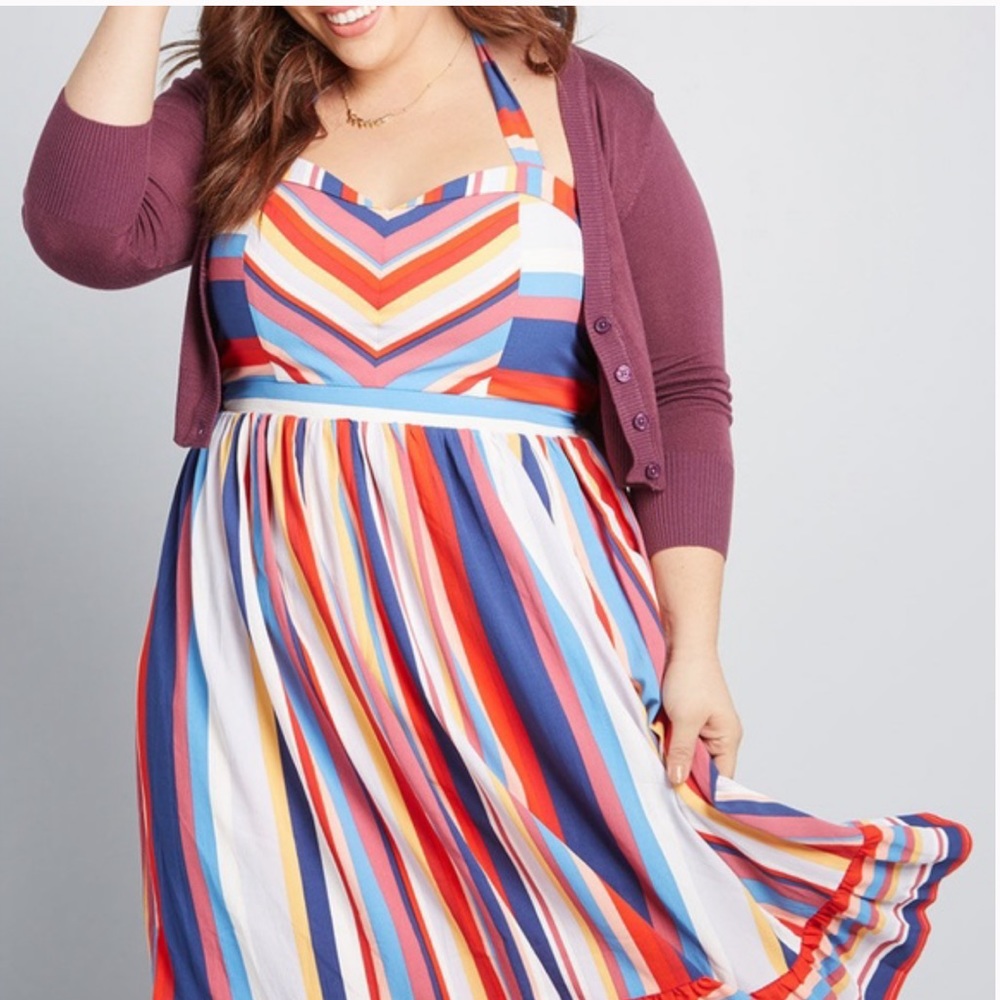 ModCloth vertical rainbow halter midi dress multicolor SZ L